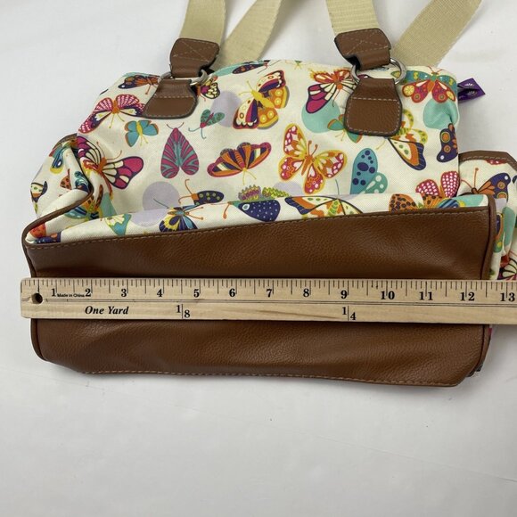 Lily Bloom Double Handle Shoulder Purse Bag 3 Zip Compartments Butterflies - Picture 3 of 11